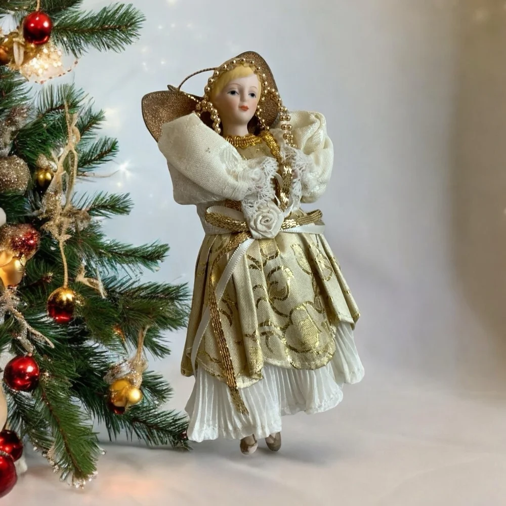 Rare Vintage Dancing Angel Ornament Gold Victorian Porcelain Angel Xmas Ornament